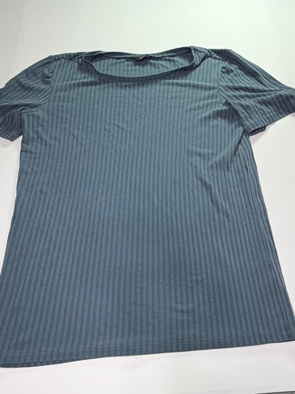 Brass Blue Ribbed Knit Tee Stretch Fitted Minimalist Basic Top